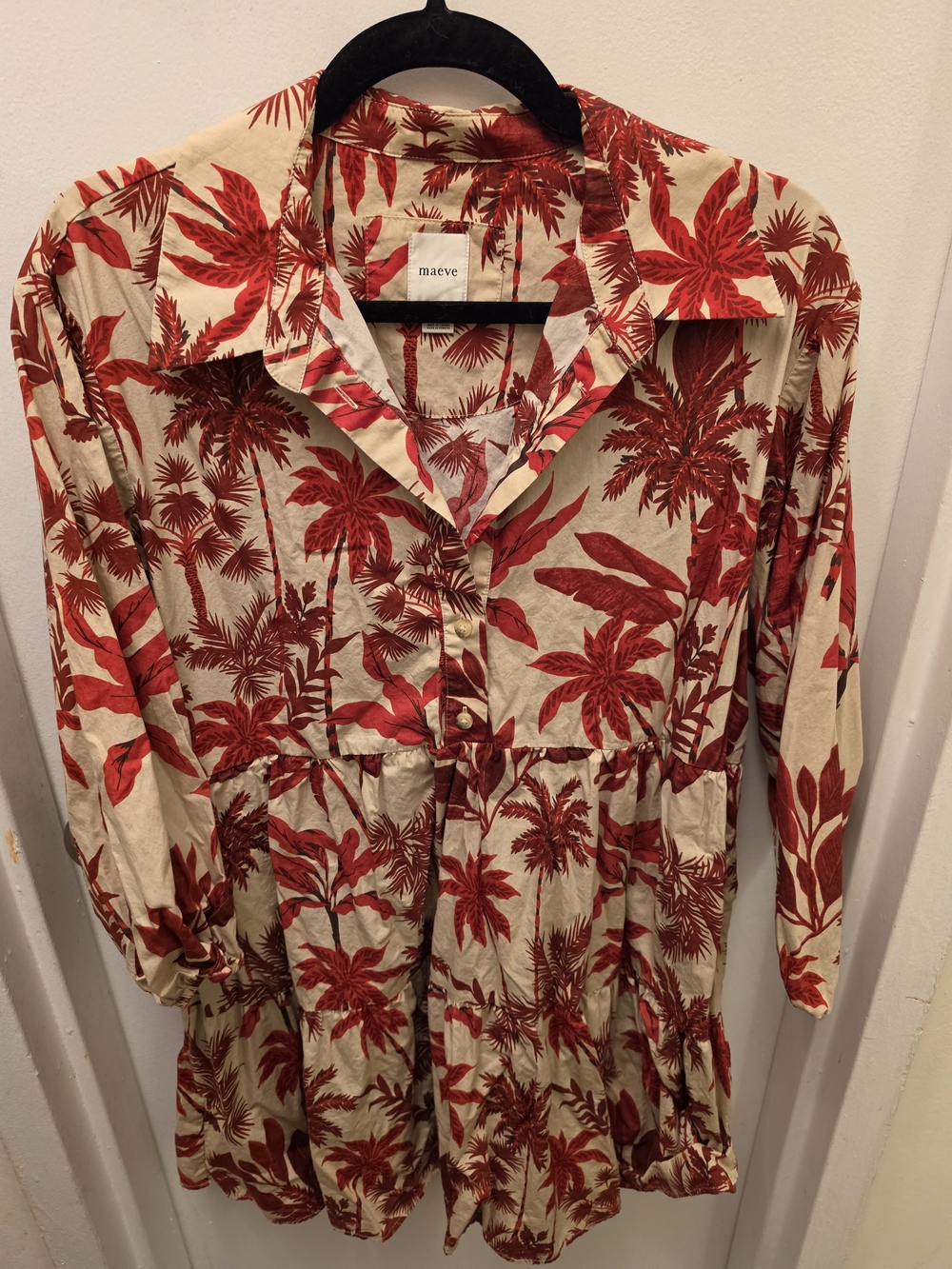 ANTHROPOLOGIE Maeve Cream and Red Tropical Button-Front Mini Bettina Dress, Sz M